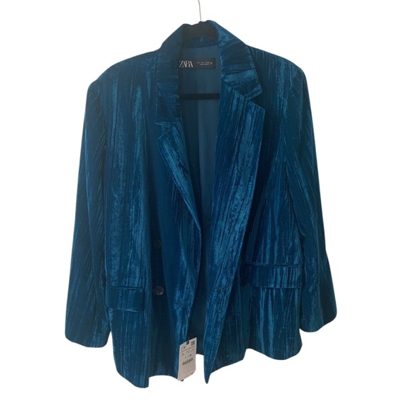 NWT Zara velvet turquoise blazer women’s large - Picture 2 of 16